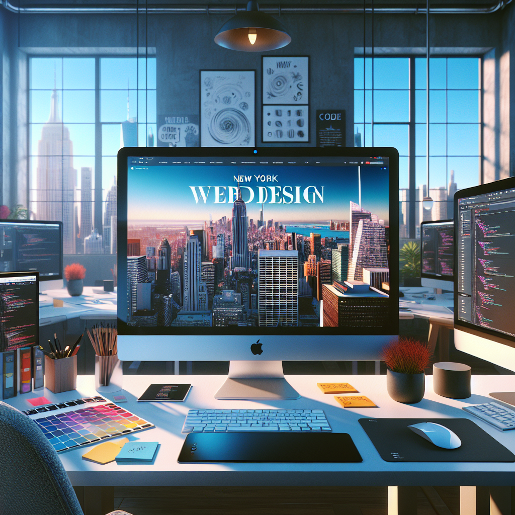 New York web design agency workspace with modern website UI on monitor and NYC skyline view