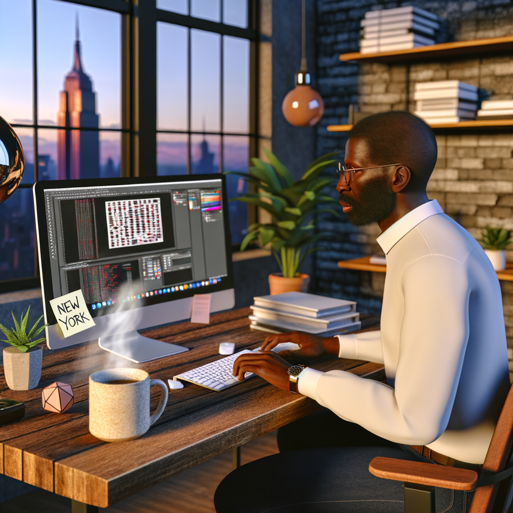 Web designer working on UI project in modern New York office with Empire State Building view